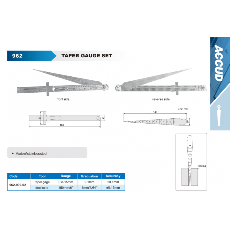 Accud Konik Cetvel 0,8-15 mm (150"-6") / 0,1 mm / 962-909-02