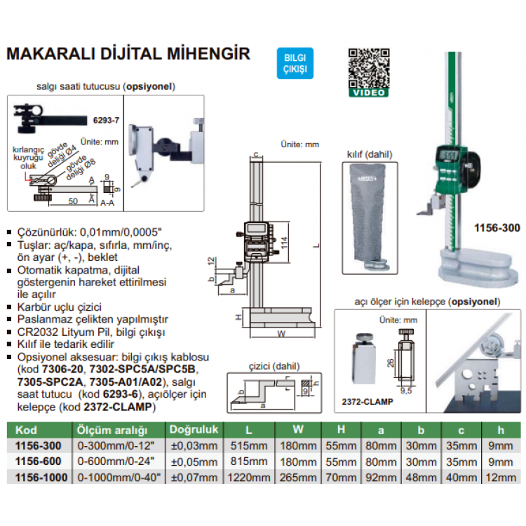 Insize Dijital Tek Sütunlu Makaralı Mihengir 0-300 mm , 0.01 mm | 1156-300