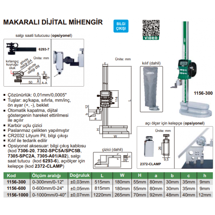 Insize Dijital Tek Sütunlu Makaralı Mihengir 0-600 mm , 0.01 mm | 1156-600