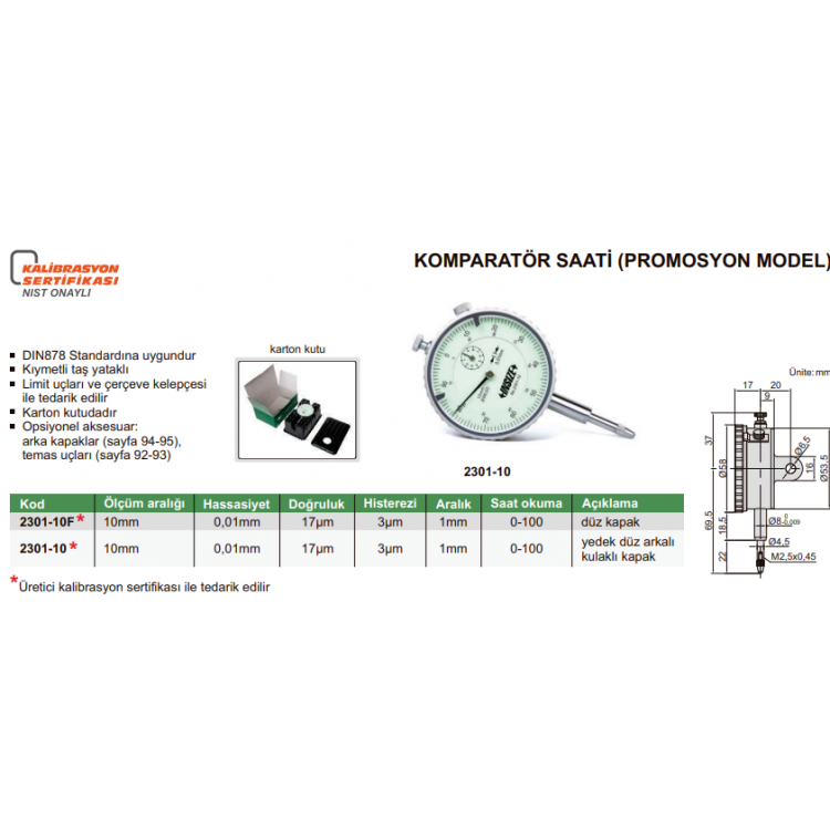 Insize Mekanik Komparatör Saati (Promosyon Model) 10mm | 2301-10