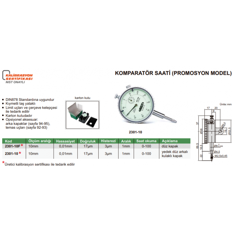 Insize Mekanik Komparatör Saati (Promosyon Model) 10mm | 2301-10F