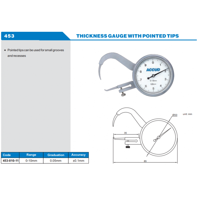 ACCUD Nokta Uçlu Kalınlık Komparatörü 0-50mm | 453-010-11