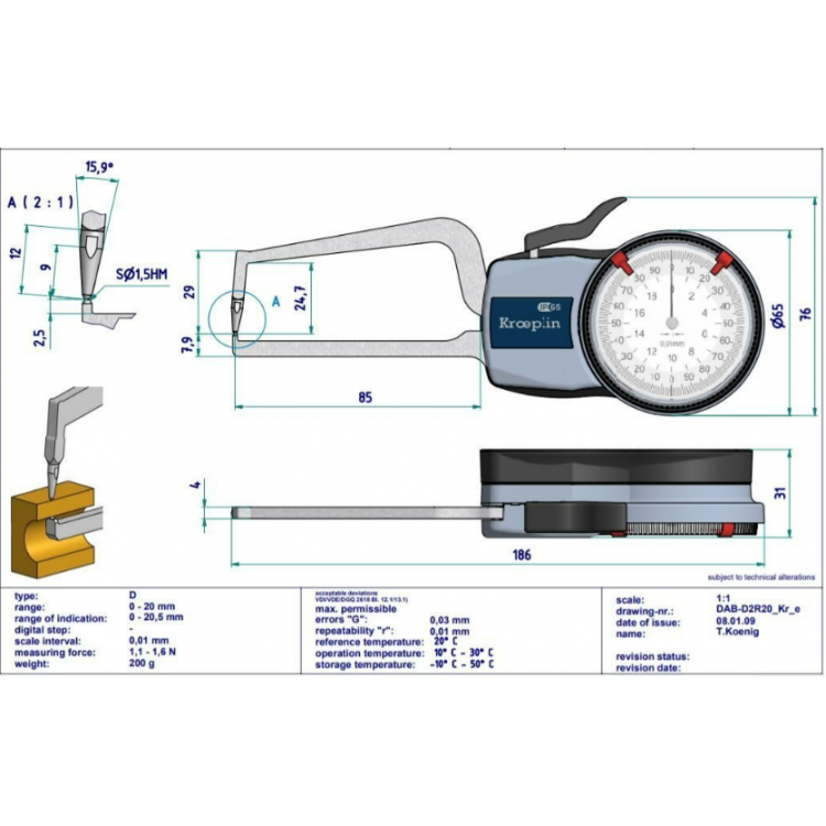 Kroeplin Mekanik Dış Çap Kanal Komparatörü '0-20 mm' | D2R20