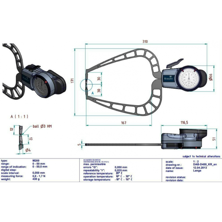 Kroeplin Mekanik Dış Çap Kanal Komparatörü 0-50 mm | D450