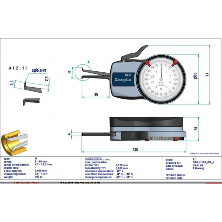 Kroeplin Mekanik İç Çap Kanal Komparatörü '5-15 mm' | H105