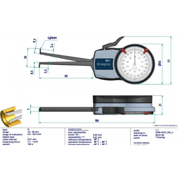 Kroeplin Mekanik İç Çap Kanal Komparatörü '10-30 mm' | H210