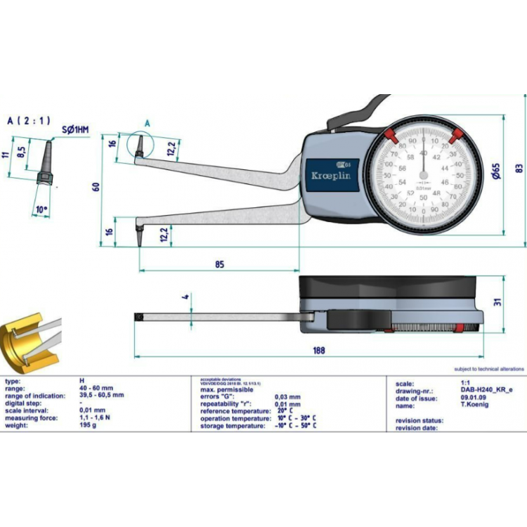 Kroeplin Mekanik İç Çap Kanal Komparatörü '40-60 mm' | H240