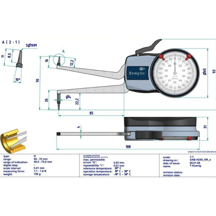 Kroeplin Mekanik İç Çap Kanal Komparatörü '50-70 mm' | H250