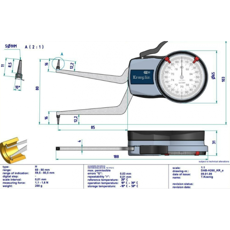 Kroeplin Mekanik İç Çap Kanal Komparatörü '60-80 mm' | H260 