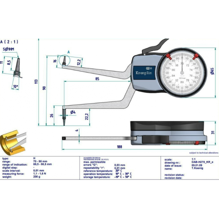 Kroeplin Mekanik İç Çap Kanal Komparatörü '70-90 mm' | H270