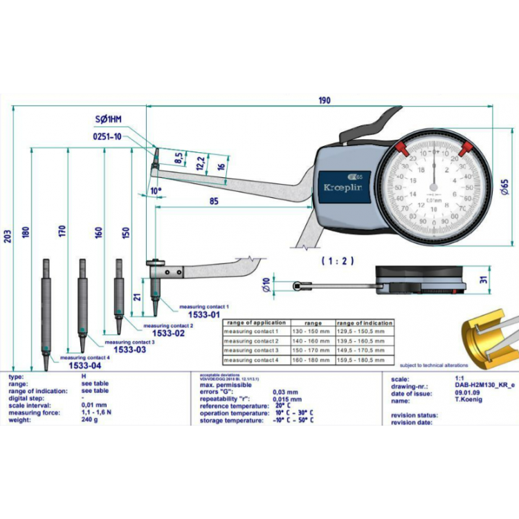 Kroeplin Mekanik İç Çap Kanal Komparatörü '130-180 mm' | H2M130