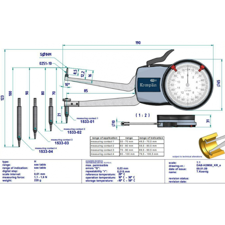 Kroeplin Mekanik İç Çap Kanal Komparatörü '50-100 mm' | H2M50