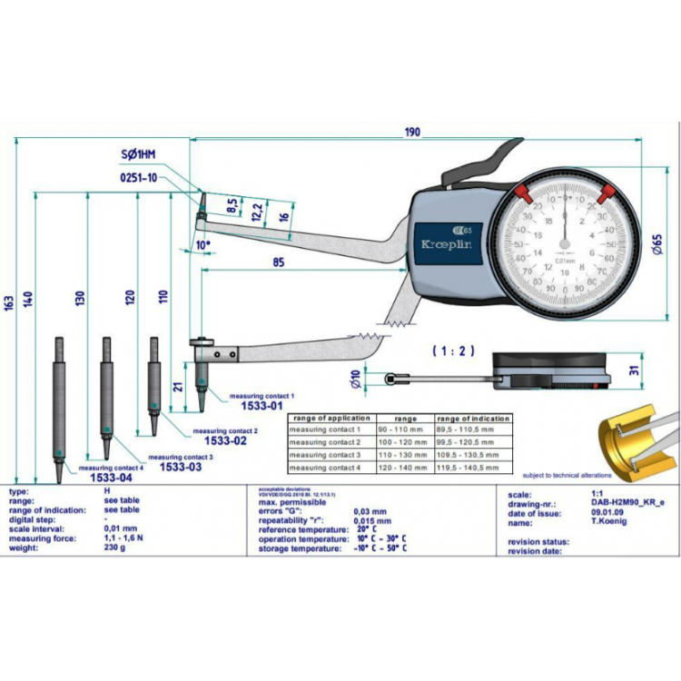 Kroeplin Mekanik İç Çap Kanal Komparatörü '90-140 mm' | H2M90