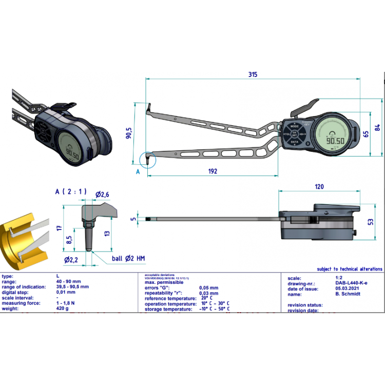 Kroeplin Dijital İç Çap Kanal Komparatörü '40-90 mm' | L440