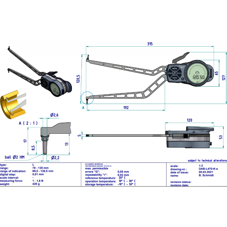 Kroeplin Dijital İç Çap Kanal Komparatörü '70-120 mm' | L470