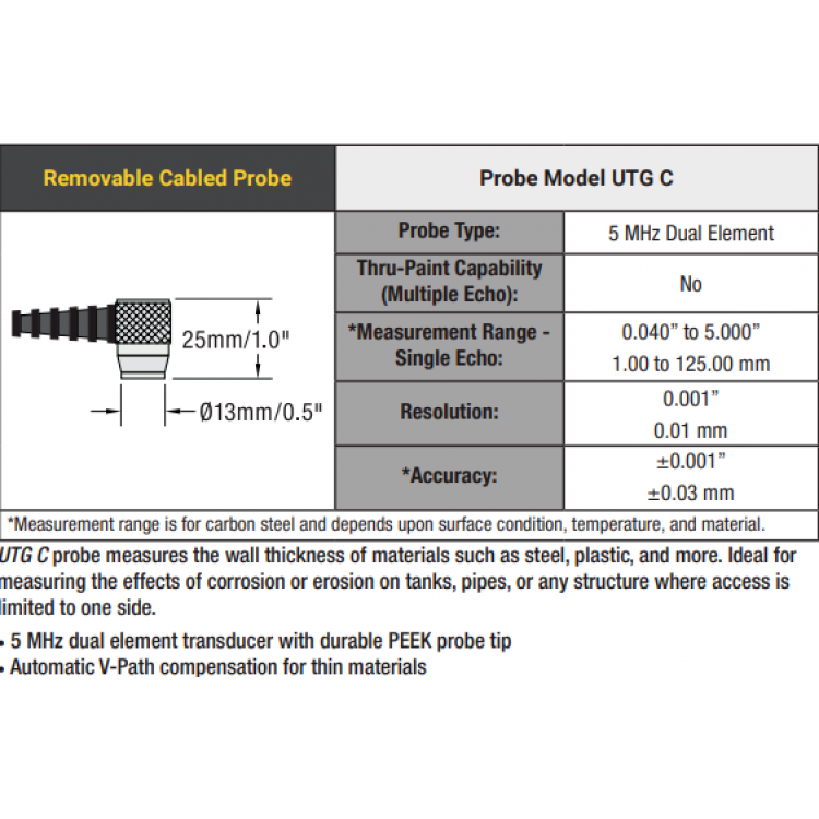 PosiTector UTG - Ultrasonik Duvar Kalınlığı Ölçer | PosiTector UTG-C (Korozyon Kablolu Probu)
