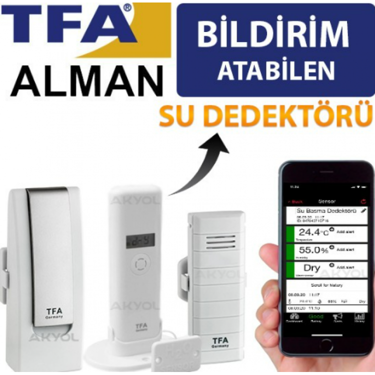 TFA WH305-B Su Basma Dedektörlü Akıllı Sıcaklık ve Nem Takip Seti