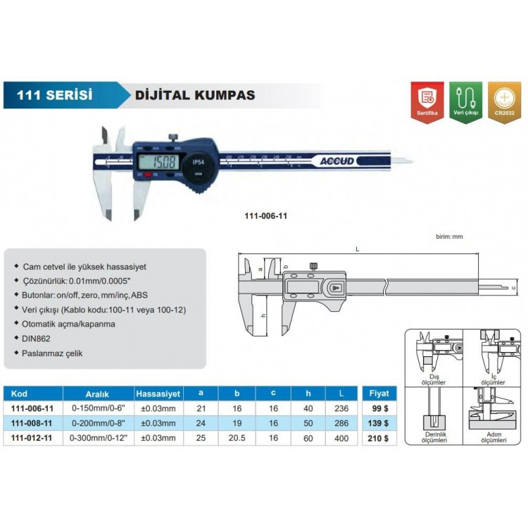 Accud Dijital Kumpas 150 mm IP54 | 111-006-11
