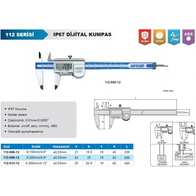 Accud Dijital Kumpas 150 mm IP67 | 112-006-12