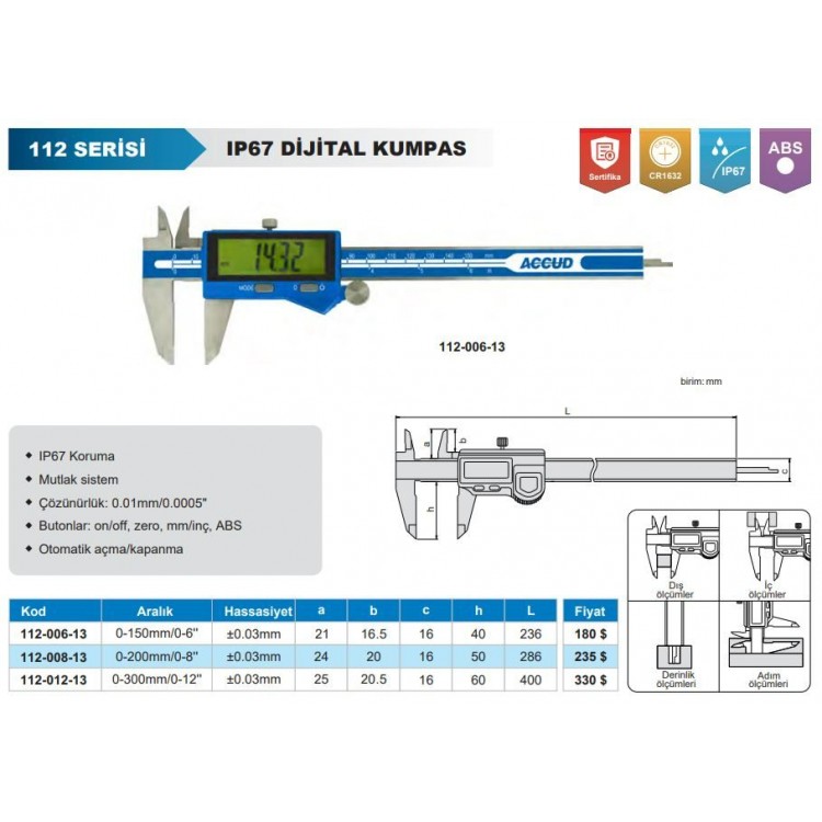 Accud Dijital Kumpas 200 mm IP67 | 112-008-13