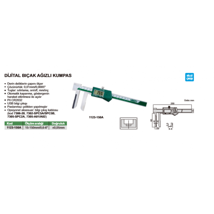 Insize Dijital Bıçak Ağızlı Kumpas /  1123-150A