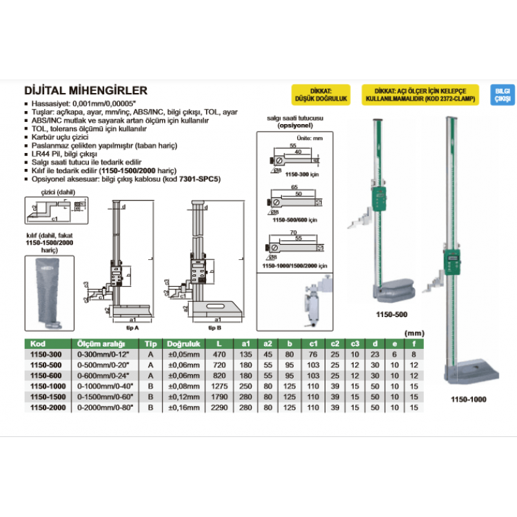 Insize Dijital Yükseklik Mihengiri 0-1000mm , 0.01 mm Mihengir | 1150-1000