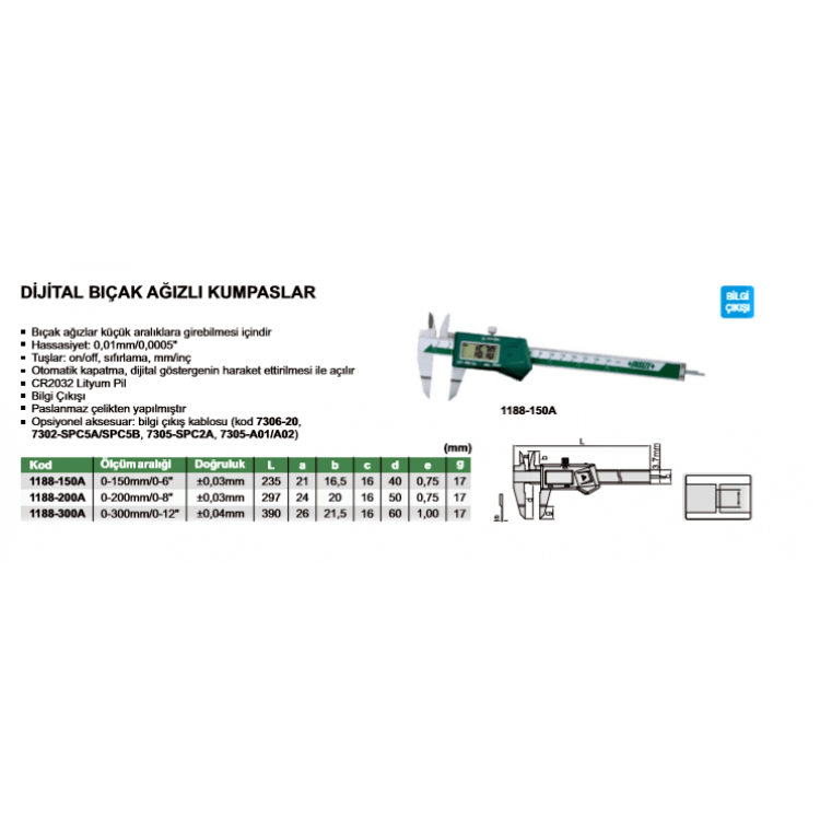 Insize Dijital Bıçak Ağızlı Kumpas / 1188-150A