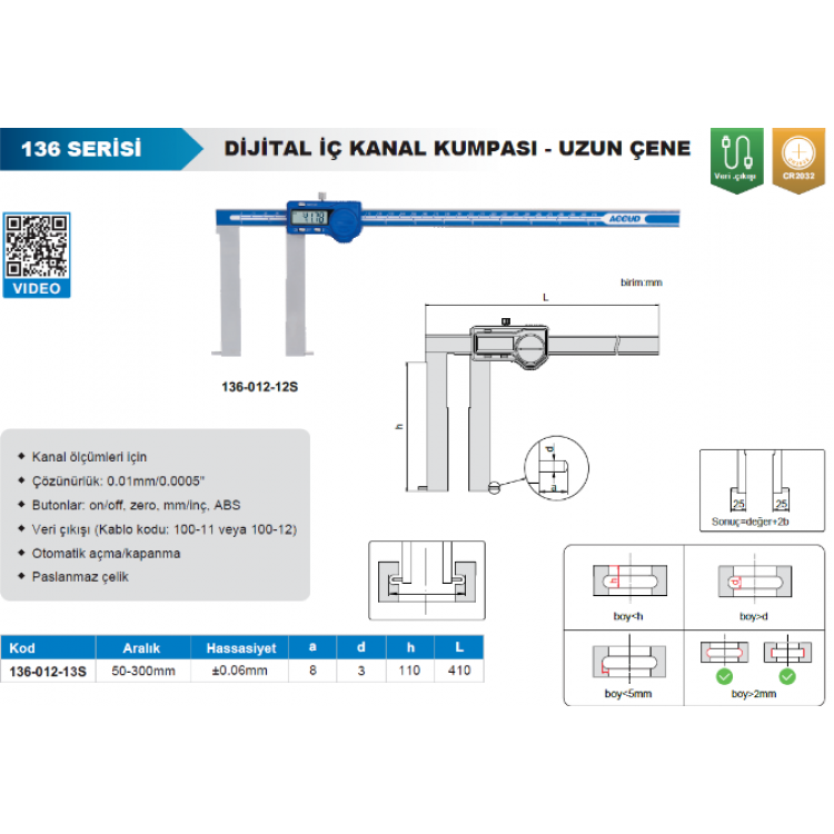 Accud Dijital İç Çap Kumpası-Pimli 136 Serisi - Uzun Çeneli50-300mm/136-012-12