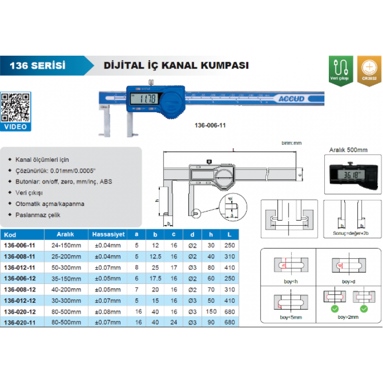 Accud Dijital İç Çap Kumpası 24-150 mm/136-006-11