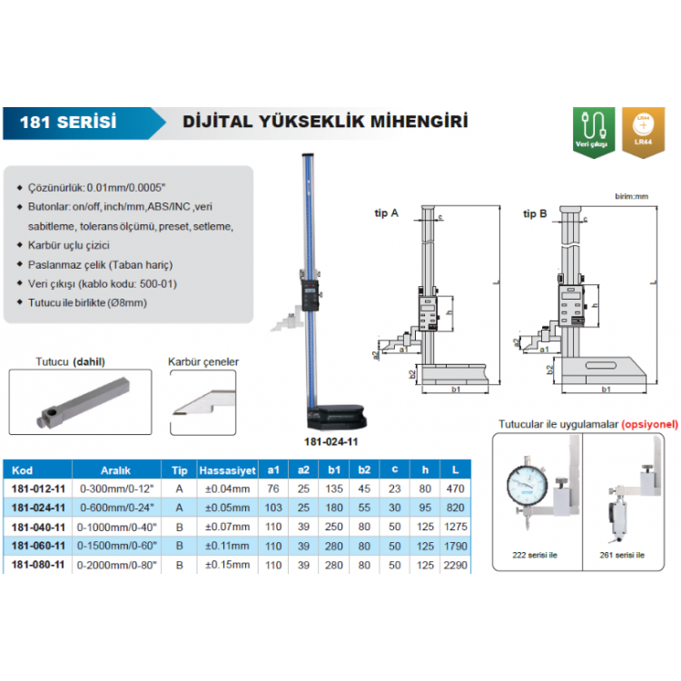 Accud Dijital Yükseklik Mihengiri 181 Serisi 2000 mm/181-080-11