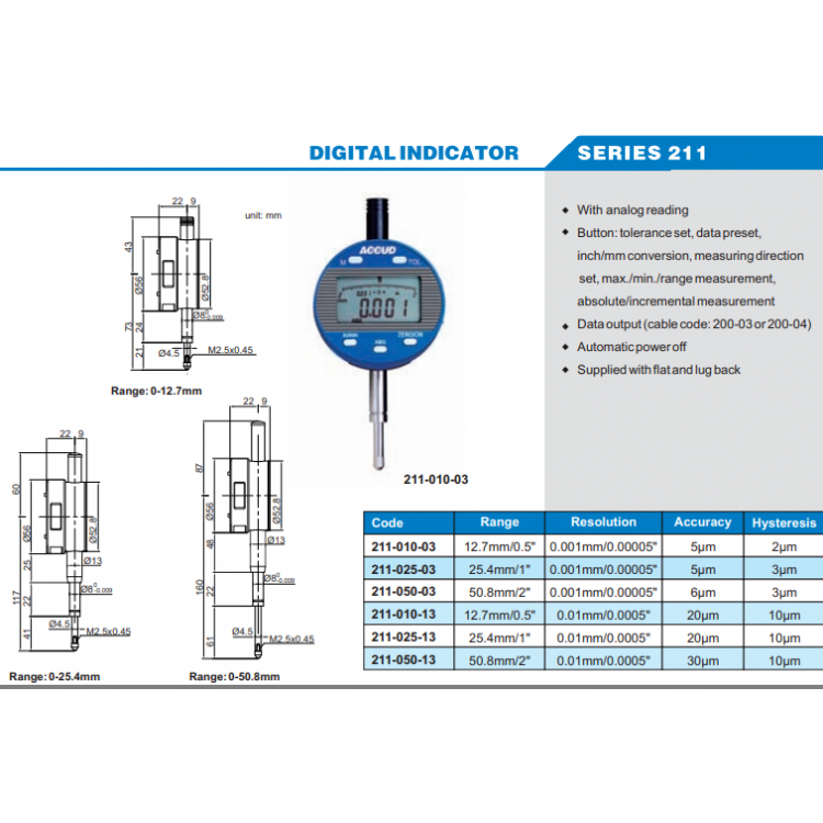 ACCUD Mekanik Komparatör Saati 25,4mm/1"| 211-025-03