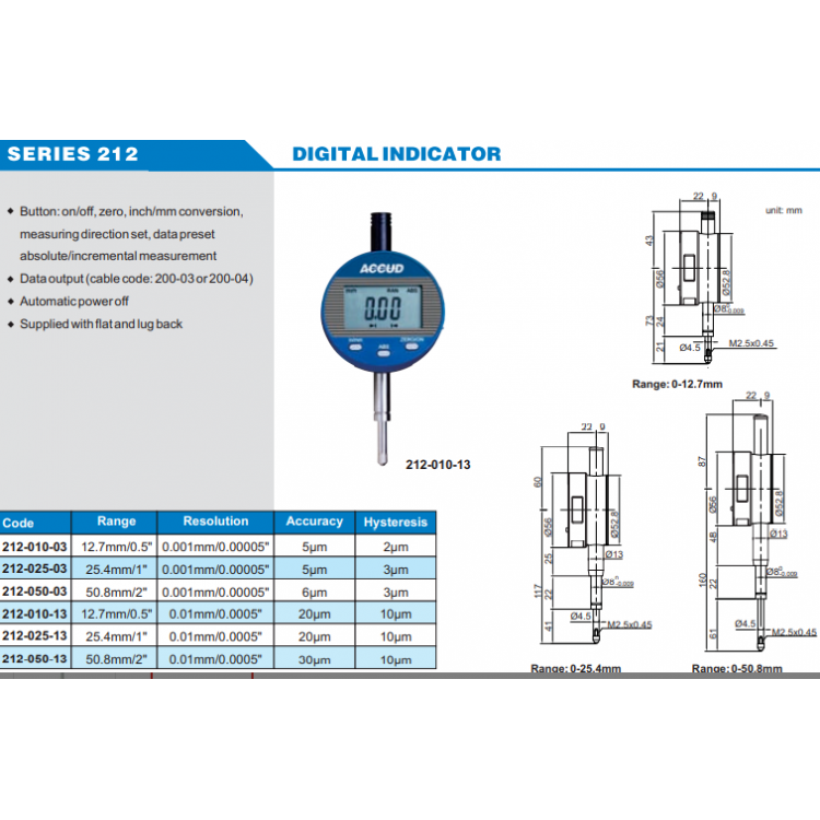 Accud Dijital Komparatör Saati 12.7-50.8 mm | 212-010-03