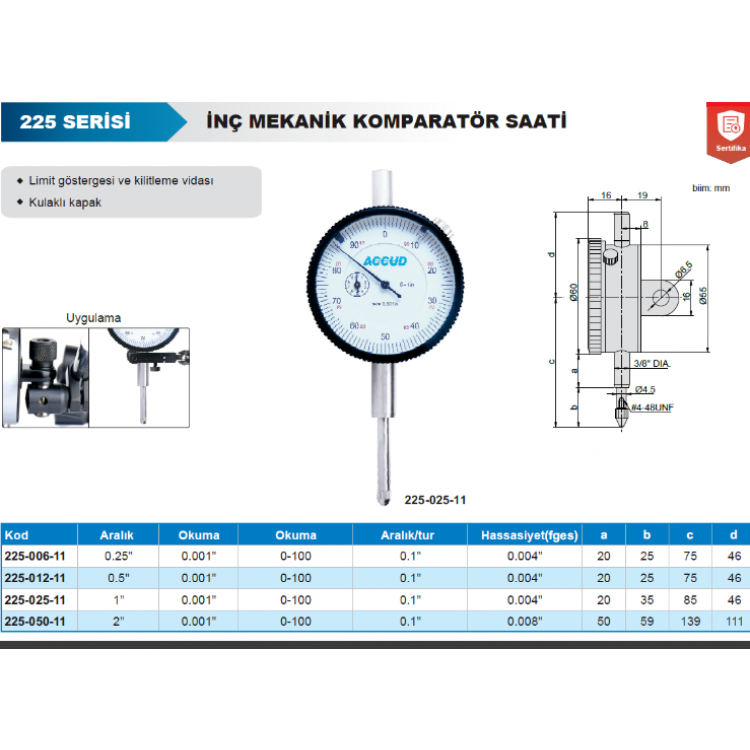 Accud Mekanik İnç Komparatör Saati 0,5"/225-012-11