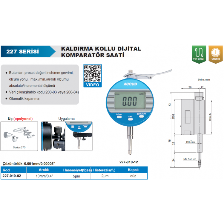 Accud Kaldırma Kollu Dijital Komparatör Saati 10mm /227-010-02