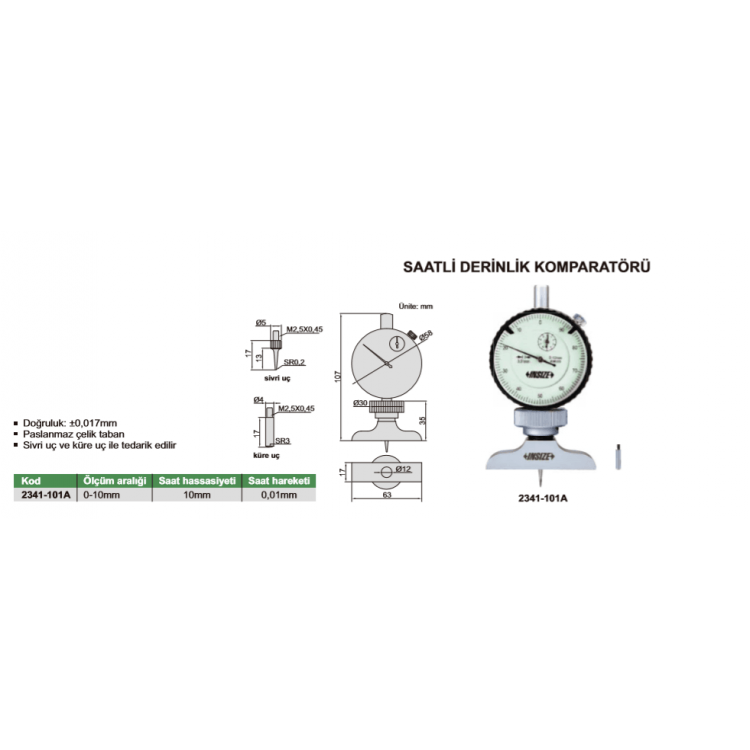 Insize Saatli Derinlik Komparatörü 0-10 mm / 2341-101A