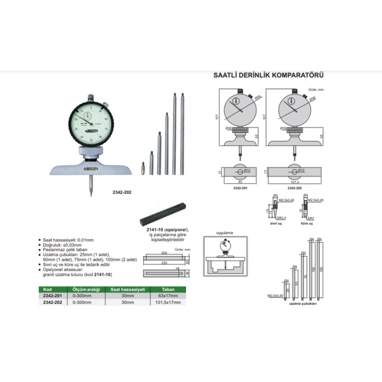 Insize Saatli Derinlik Komparatörü 0-300 mm / 2342-201