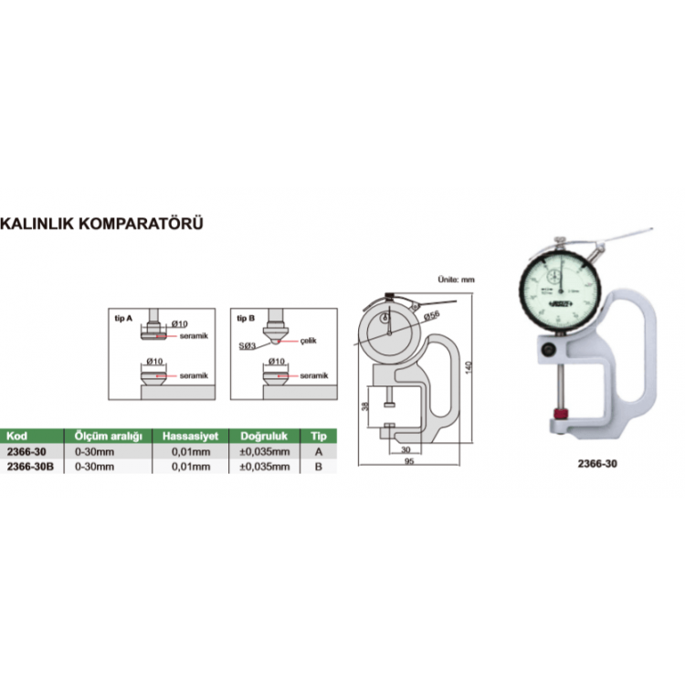 Insize Kalınlık Komparatörü 0-30mm / 2366-30