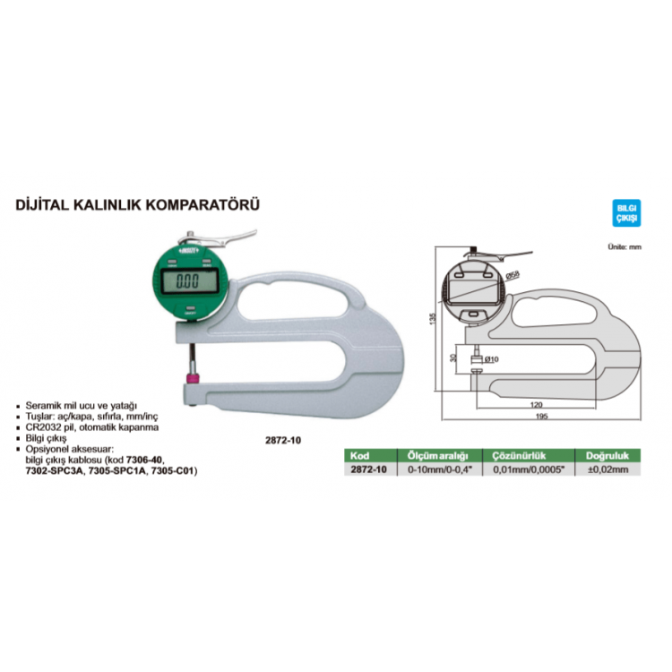 Insize Dijital Kalınlık Komparatörü 0-10mm / 2872-10
