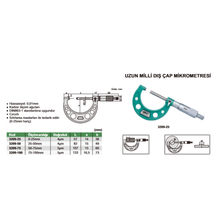 Insize 3209 Uzun Milli Dış Çap Mikrometresi I 3209-100