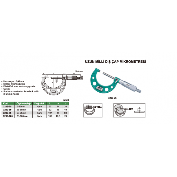 Insize 3209 Uzun Milli Dış Çap Mikrometresi I 3209-50