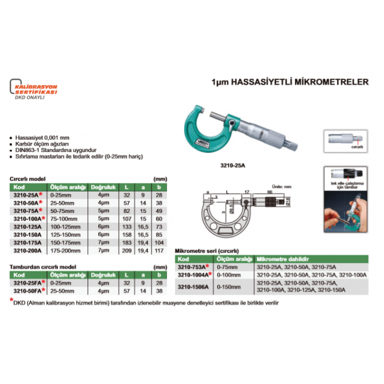 Insize 3210 1µm Hassasiyetli Mikrometreler I 3210-25A