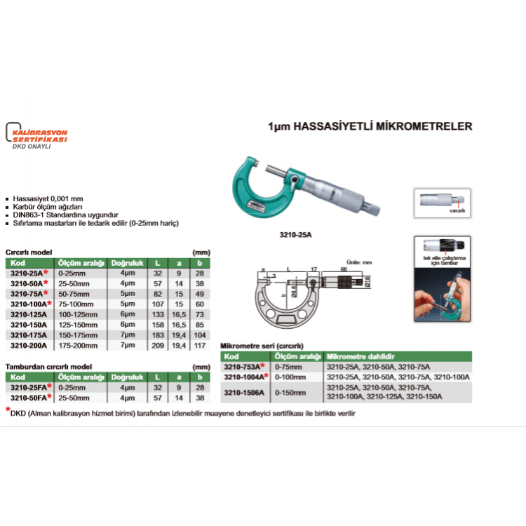 Insize 3210 1µm Hassasiyetli Mikrometreler I 3210-75A