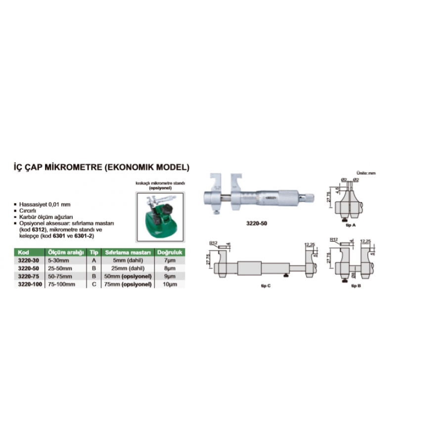 Insize 3220 İç Çap Mikrometre (Ekonomik Model) I 3220-75