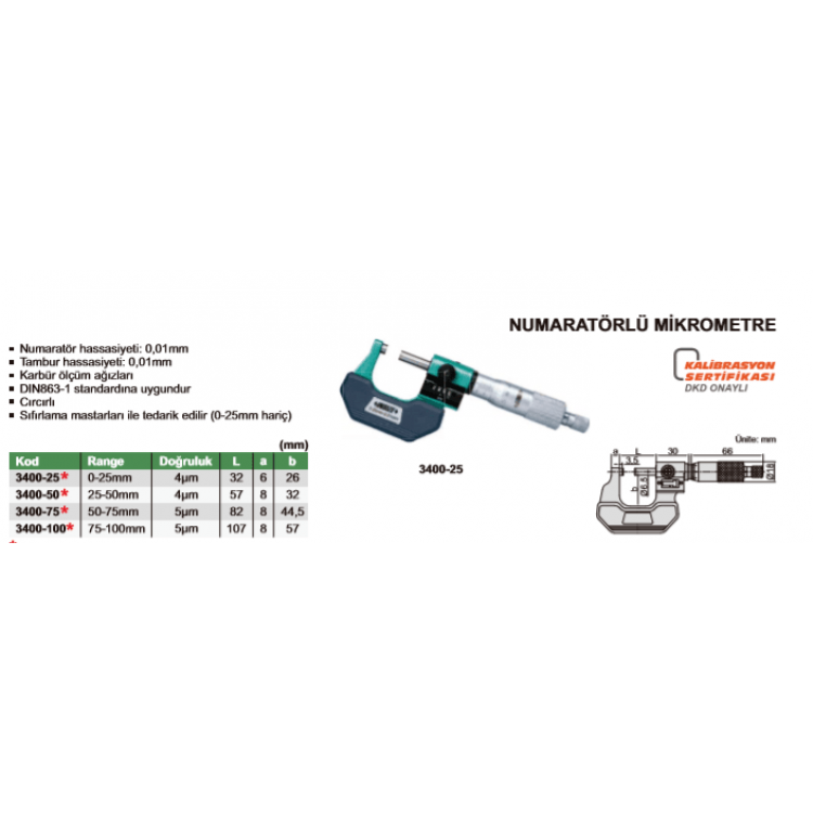 Insize 3400 Numaratörlü Mikrometre I 3400-50