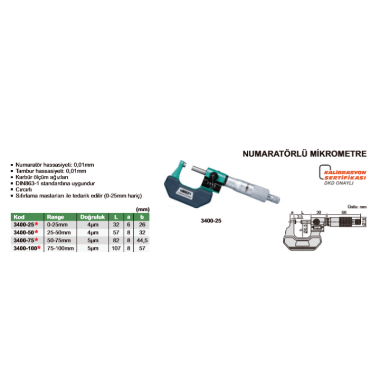 Insize 3400 Numaratörlü Mikrometre I 3400-75