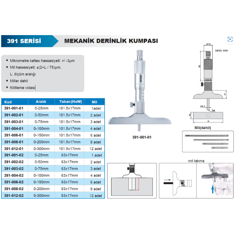 Derinlik Mikrometresi 391 Serisi/ 391-001-01