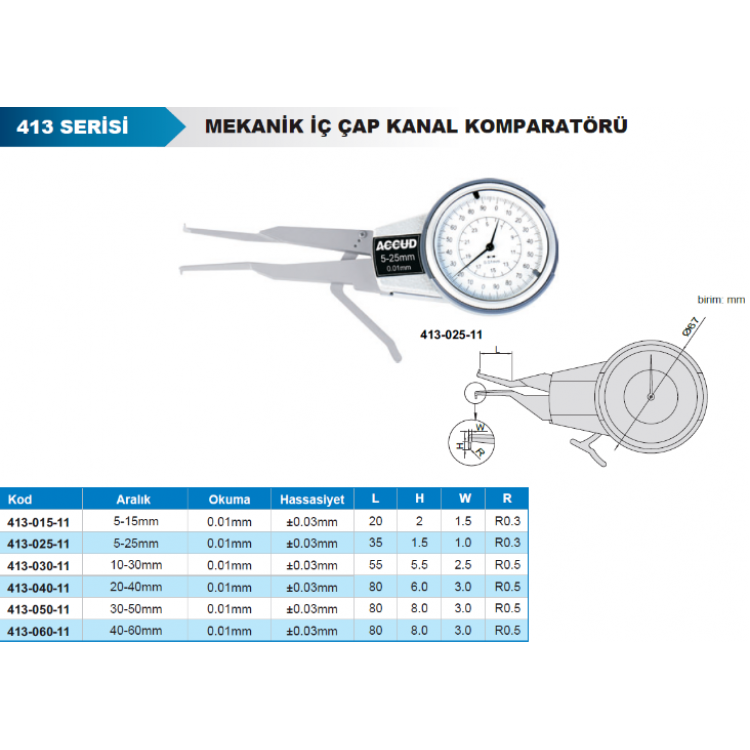 Accud Mekanik İç Çap Kanal Komparatörü 30-50mm / 413-050-11