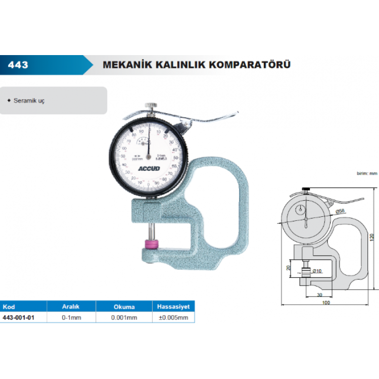 Accud Mekanik Kalınlık Komparatörü 0-1mm / 443-001-01