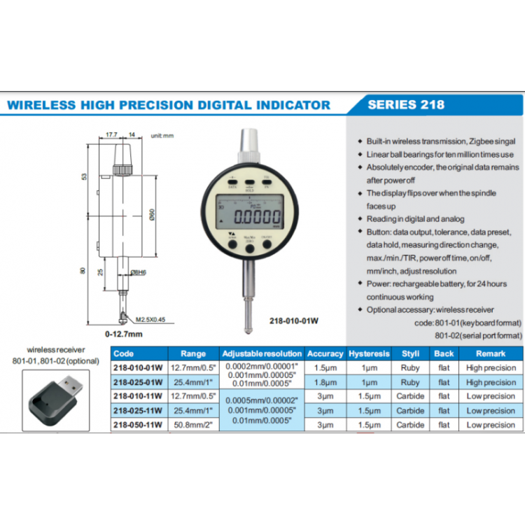 ACCUD Kablosuz Veri Aktarımlı Yüksek Hassasiyetli Dijital Komparatör Saati 12.7-50.8mm  | 218-010-01W