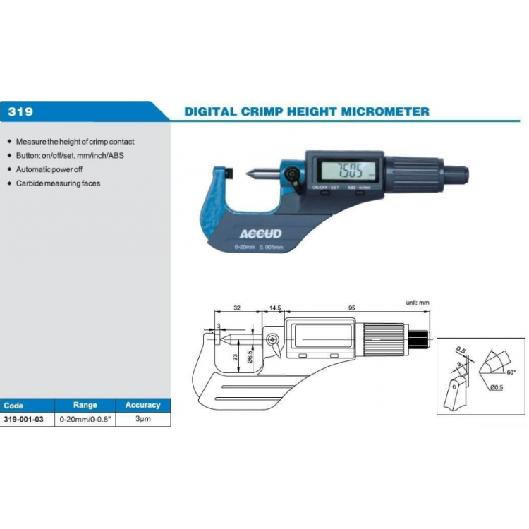 ACCUD Dijital Kenar Yüksekliği Mikrometresi 0-20mm  | 319-001-03
